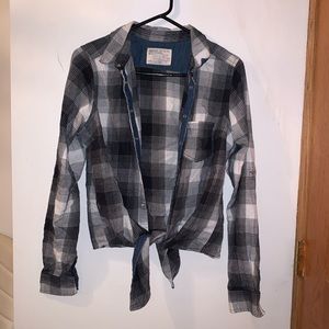 Garage Plaid Tie Front Button Down Top